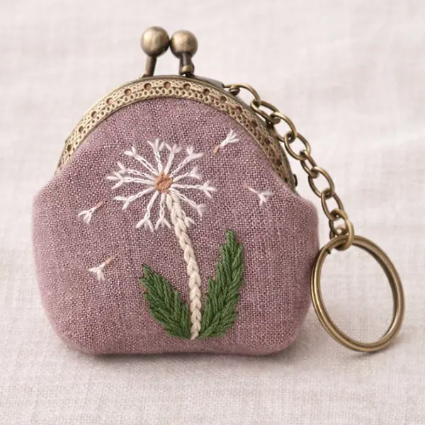 Hand Embroidered Mini Coin Purse Keychain with Dandelion Design - Natural Linen, Soft Cotton Lining, Brass Kiss Lock
