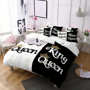 King & Queen Themed Duvet Cover Set, 3 Counts/set Including 1 Duvet Cover & 2 Pillowcases without Filler, Soft Comfortable Bedding Set for Bedroom Bedding Supplies