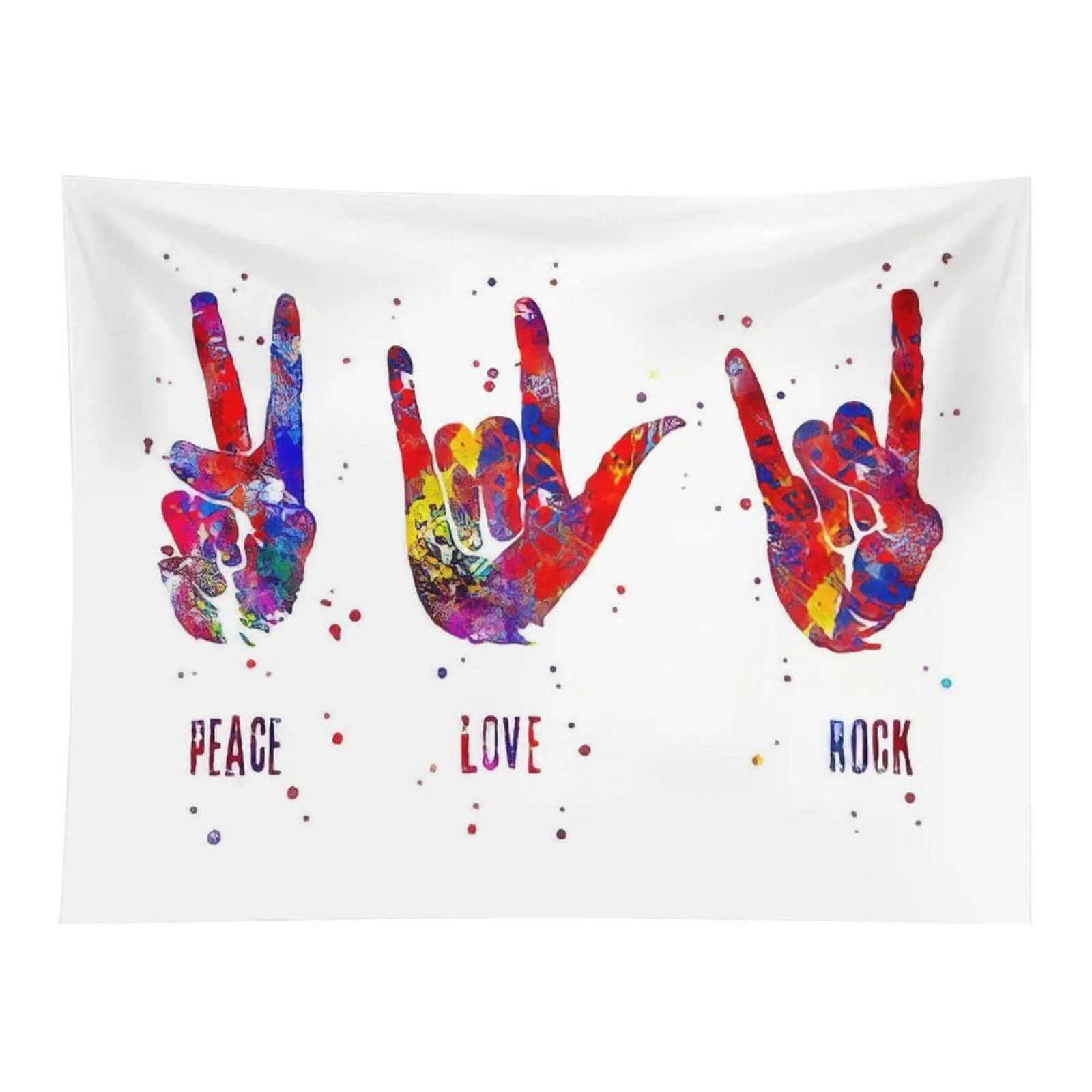 Colorful Peace Love Rock Hand Gesture Wall Tapestry, Vibrant Paint‑Splatter Art with Peace Victory and Rock‑On Hand Signs for Music‑Themed Room Wall Decor