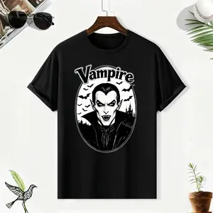Cotton Men's T-shirt Short Sleeve Crewneck Loose Cotton Tee: Cool Graphic Print (gothic "Vampire" bat) 100% Cotton Comfortable Fabric, Machine Washable. Streetwear Casual Fashion, Black/White Optional-Dark Halloween-Inspired Christmas Gift Tshirt