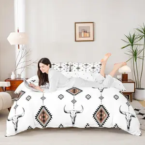 Western Duvet Cover Set,Bull Skull Bedding Set for Cowboys Girls Youth Adults,Southwest Decor Comforter Cover,Geometric Tribal Aztec Quilt Cover,Not Comforter