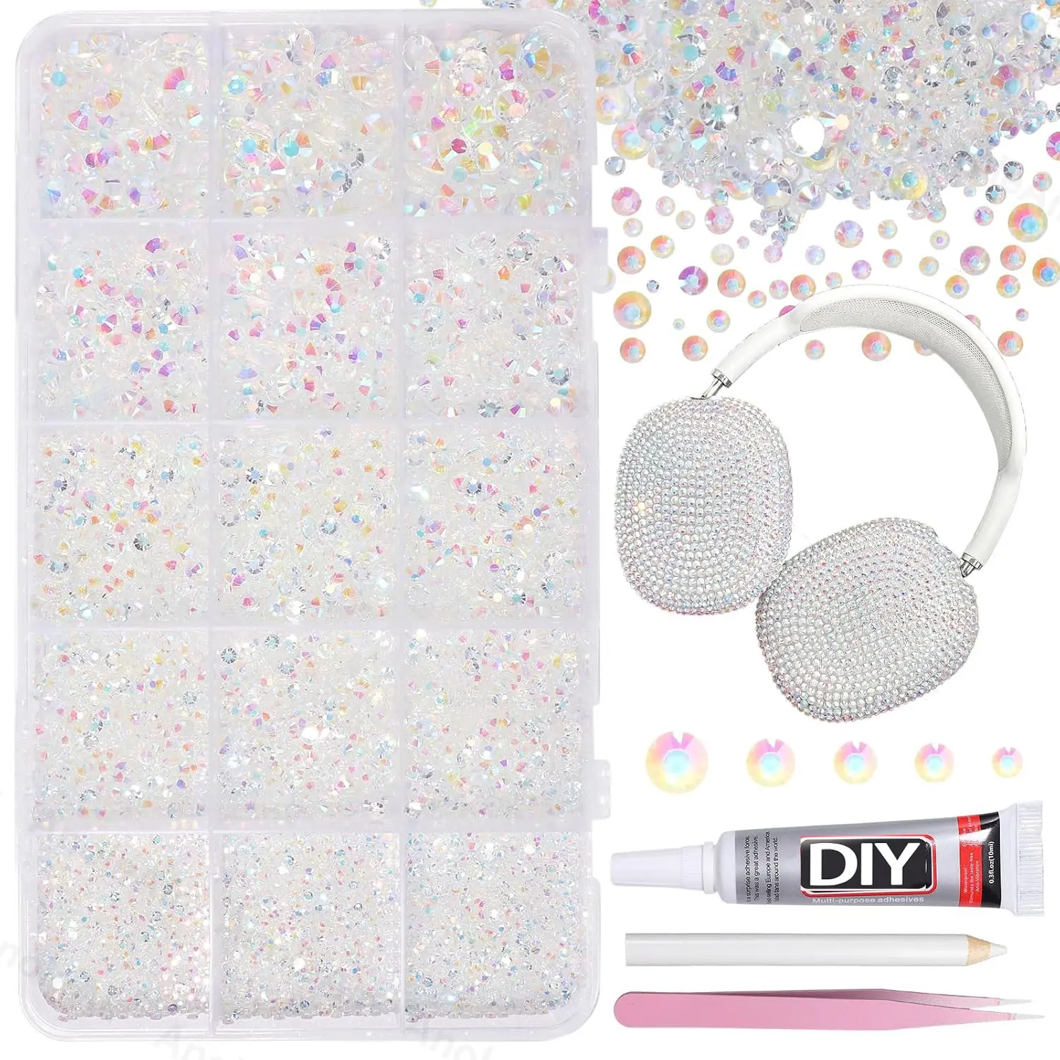 Ab Flat Back Rhinestones Set with Glue Tweezers and Dotting Tool, 15 Grids AB Crystal Rhinestones Kit with Glue & Pickup Tools, Clear Iridescent Flatback Rhinestones for Nails Art, nail charms, Nail Art Accessories, Nail Art Products, Nail Art Supplies