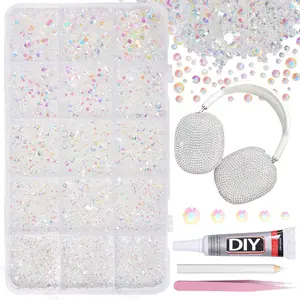 Ab Flat Back Rhinestones Set with Glue Tweezers and Dotting Tool, 15 Grids AB Crystal Rhinestones Kit with Glue & Pickup Tools, Clear Iridescent Flatback Rhinestones for Nails Art, Headphone，nail charms