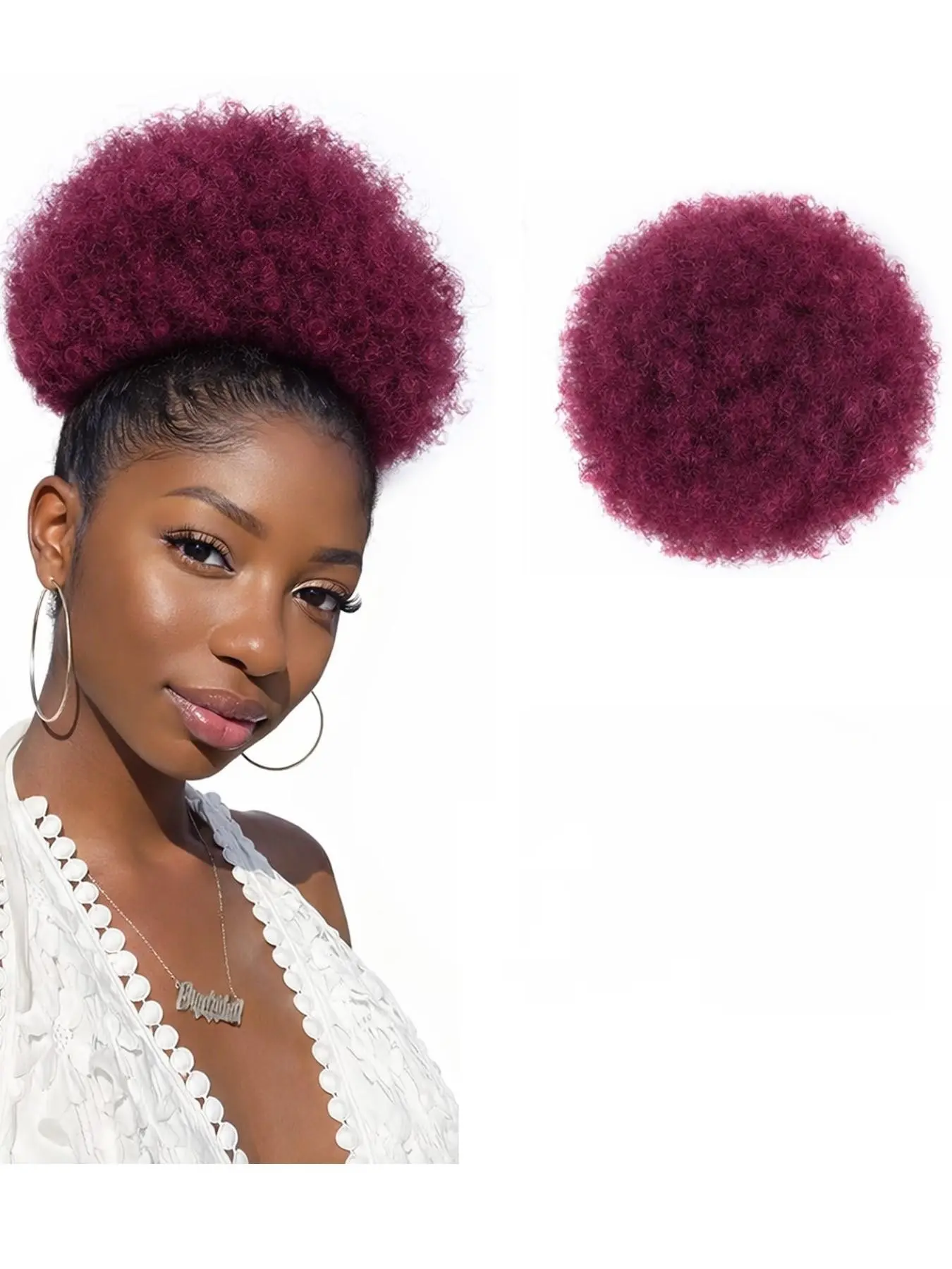 Afro Puff Drawstring Ponytail Kinky Curly Bun Hair Synthetic Short Extensions Hairpieces Updo Hair for Women Synthetic Hair Wig Curly Ponytails (8Inch,Red)