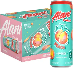 12 Pack- Alani Nu JUICY PEACH, Sugar Free, Low Calorie Energy Drinks, 200mg Caffeine, Biotin, B Vitamins, Zero Sugar, 10 Calories, 12 Fl Oz Cans