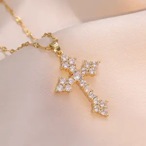 Adina Eden 14K Gold Plated CZ Clustered Cross Necklace with Simulated Diamond Crystals