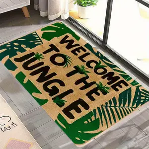 1pc "Welcome to the Jungle" Jungle-Themed Doormat with Green Leaf & Feather design, Non-Slip Rubber Backing - Durable Polyester Entrance for home, Office, or as a Housewarming/Easter/Halloween Gift Mat, Home Decor Rugs