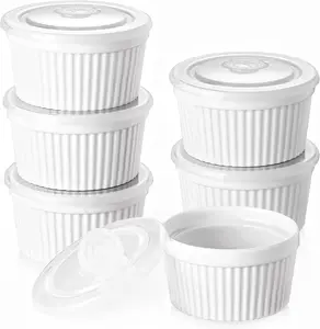 DOWAN Ramekins 8 oz Oven Safe with Lids, Creme Brulee Ramekins Bowls, Porcelain Ramiken Souffle Dishes, Custard Cups for Baking, Small Bowls for Pudding Dip Sauces Dessert, White, Set of 6