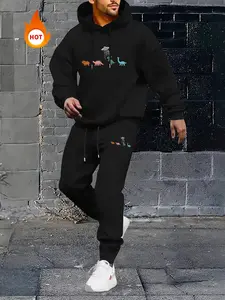 Two-piece Set Men's Dinosaur Print Thermal Lined Hoodie  Sweatshirt & Pocket Drawstring Waist Sweatpants, Regular Fit Casual Fashion Cozy Breathable Two Piece Outfits for Daily Workout Running, Men's Clothes for Fall & Winter