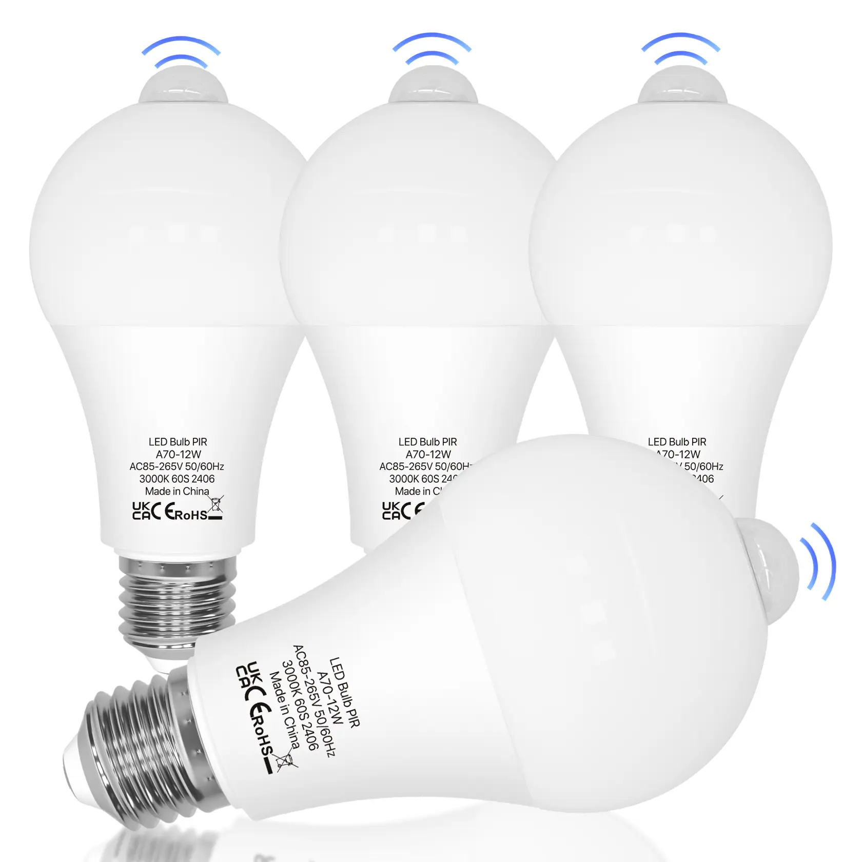 4-Pack A19 E26 12W Motion Sensor LED Light Bulbs, AC Power Supply Energy Saver, Eye-Friendly Home Security Light with 25000-Hour Lifespan, Manufacturer Warranty for Closets, Bathrooms