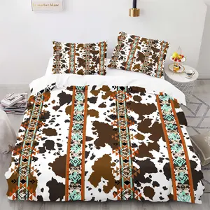 Classic Vintage Cow Print Duvet Cover Set, Includes 1/2 Pillowcases, Soft Lightweight Bedding Set, Boho Style Home Bedroom Decor,Aztec Patterns & Earthy Tones
