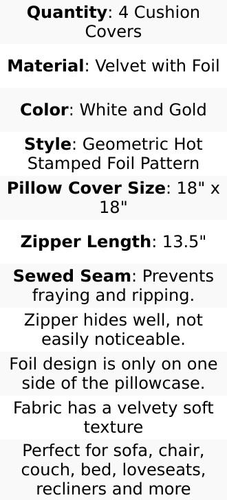 Set Of 4 White/Gold Foil Geometric Print Throw Pillow Covers, Velvet Square Sofa Cushion Covers 18"