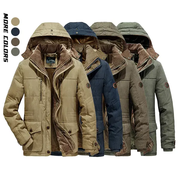 Men’s winter mid-length detachable hooded workwear jacket, fleece-lined and thickened for windproof warmth; multi-pocket, wear-resistant outdoor jacket suitable for commuting, outings, hiking/camping, and everyday casual wear.