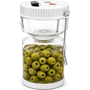 Pickle Jar with Strainer Flip, Pickle Container with Strainer with Two, Airtight Pickle Jar for Fermentation, Olive Jar with Date Tracker Lid, Jalapeno Container with Gas Port (White)