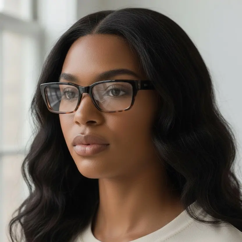 Women's classic square framed blue light blocking computer glasses with tortoise shell accents