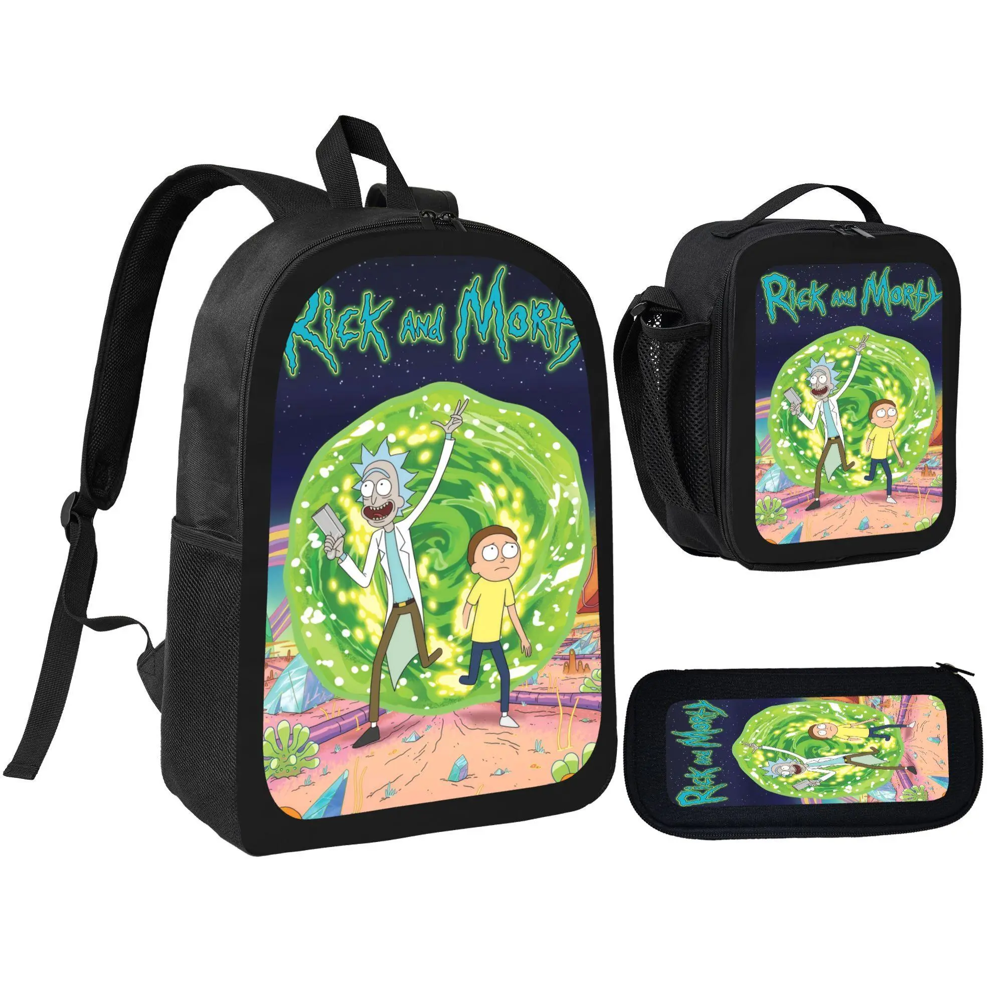 Rick and Morty 3‑in‑1 Backpack Set, Cartoon Print School Backpack with Pencil Case and Insulated Lunch Bag for Kids Teens Back to School Daily Use