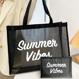 Beach Pattern Letter Print Mesh Bag, Vacation Beach Bag, Storage Bag, Wash Bag, Large Capacity Handbag, Girl Gift, Mother's Day Gift, Personal Item Bag