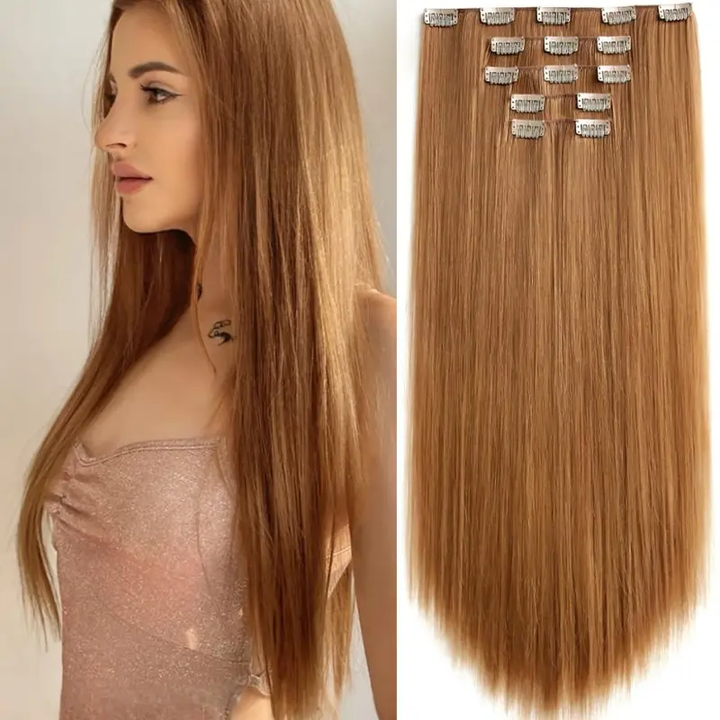 Women's 24-Inch Invisible Clip-In Hair Extensions, 6-Piece Straight Hair Pieces, 16 Clips, Ideal for Weddings, Parties, Daily Use, Clip On Hairpieces, Synthetic Fiber Hairpieces