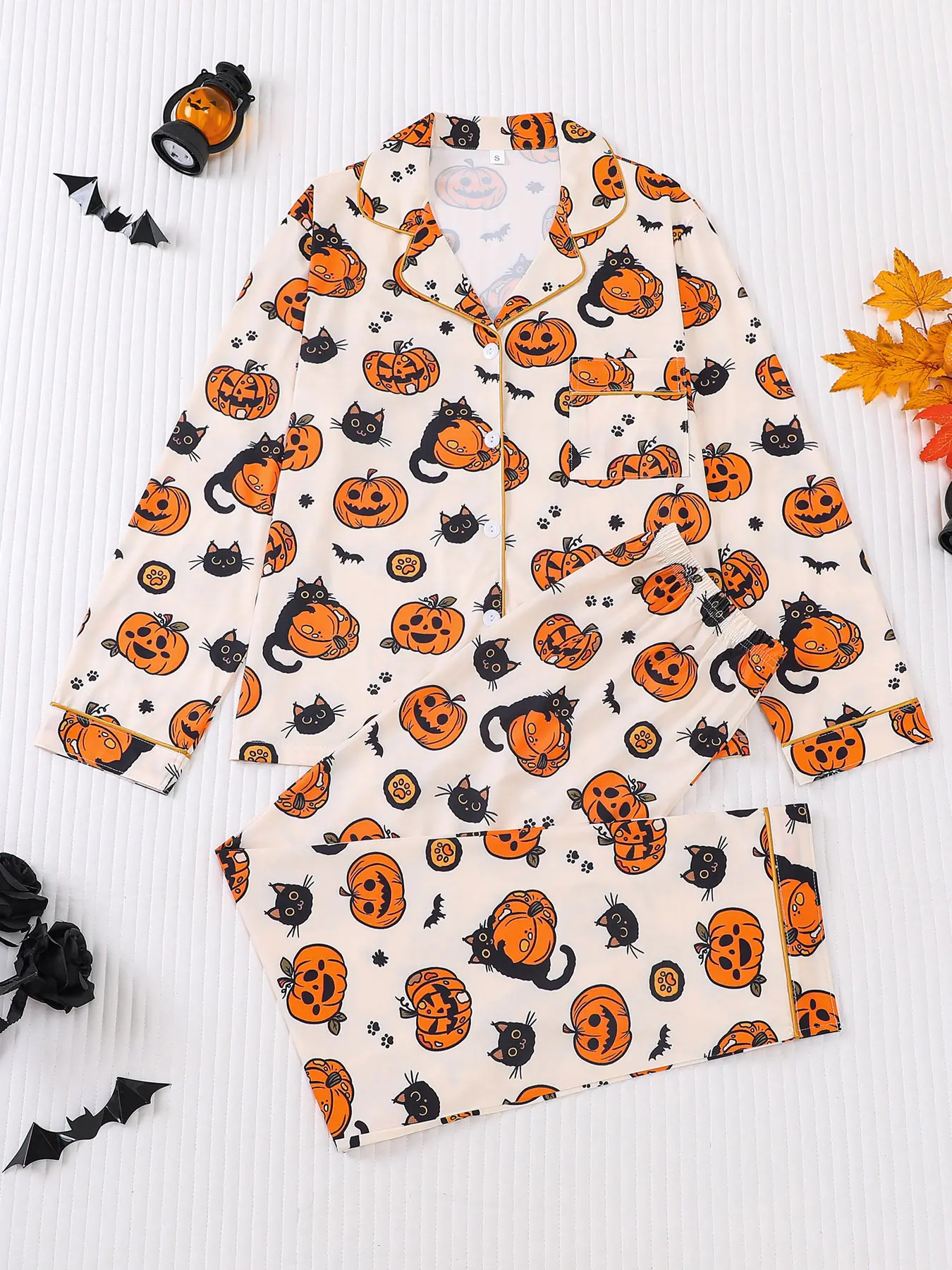 2 pieces of women's Halloween cute black cat pumpkin monster print long sleeved Knit pants comfortable Fit lapel pajama set Nightwear top pocket elastic waistband suitable for all seasons casual home wear Loungewear Pjs Homewear Fall Pajama Sets