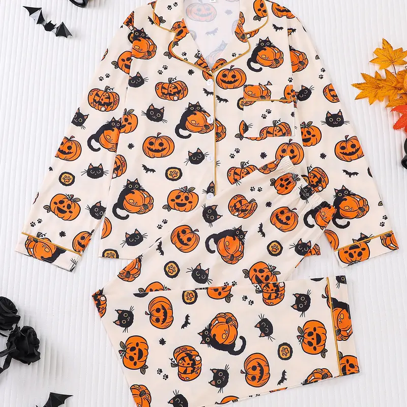 2 pieces of women's Halloween cute black cat pumpkin monster print long sleeve pyjamas Knit pants comfortable Fit lapel pajama set Nightwear top pocket elastic waistband suitable for all seasons casual home wear Loungewear Pjs Homewear Fall Pajama Sets