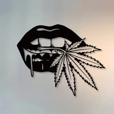 Metal Lip & Weed Leaf Wall Art, Creative Metal Artwork, Unique Stoner Gift for Her, Garden Decoration, Home Decor, Indoor Decoration Items