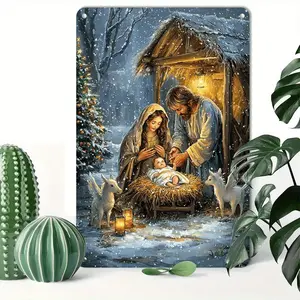 Festive Tin Sign Nativity Scene Christmas Retro Aluminum Wall Art Decor