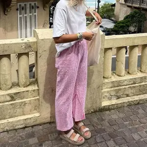 Women Vintage 2000s Aesthetic Gingham Plaid Print Pants Elastic Waist Dreawstring Wide Leg Trousers Casual Lounge Pockets Pants Womenswear Adjustable