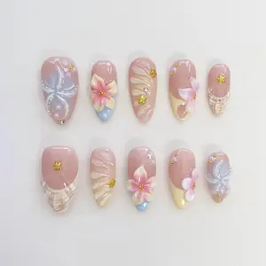 Starfish Bloom Elegance Press On Nails Short Almond Nails/Flower Nails/Yellow Nails/Spring Summer Nails/Shell Nails/Birthday Nails
