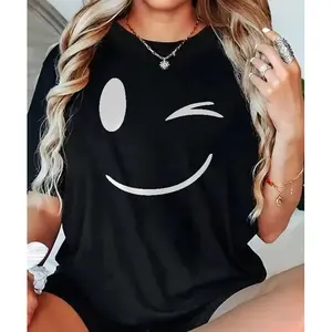 Lady's Minimalist Printed Wink Smiley Face Cotton Fabric T-Shirt - Streetwear Casual Shortsleeve Top for Daily Wear