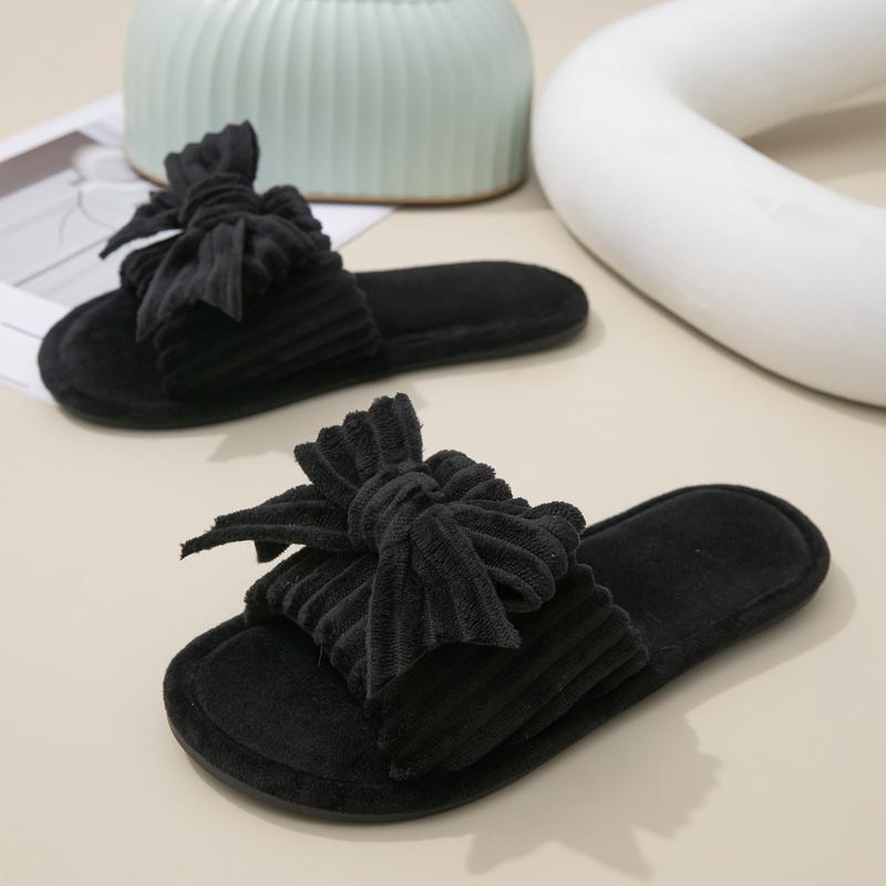 Women's Plush Bow Knot Home Slippers - Open Toe Soft Indoor House Shoes for Spring & Autumn in Pink Black & White Colors
