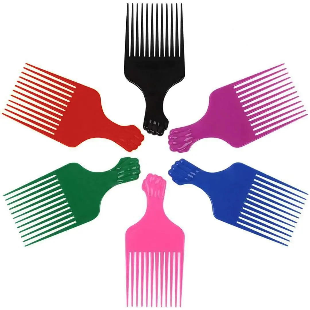Plastic Hair Fist Picks for Curly & Afro Hair, 6.5in Easy Styling Tools with Plastic Teeth, Pick Gently & Scalp Safe, Rainbow 6-PC Set for Women & Men