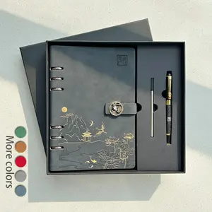 CHINSIKOL Chinese Element Notebook Gift Set, Detachable Replaceable Pages, Gold Foil Stamping, Lotus and Koi Design, Smooth Writing, Spiral Notebook Journal