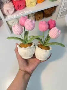 Handmade Crochet Pink Tulip Potted Plant  Aesthetic Room Decor & Forever Flower Gift
