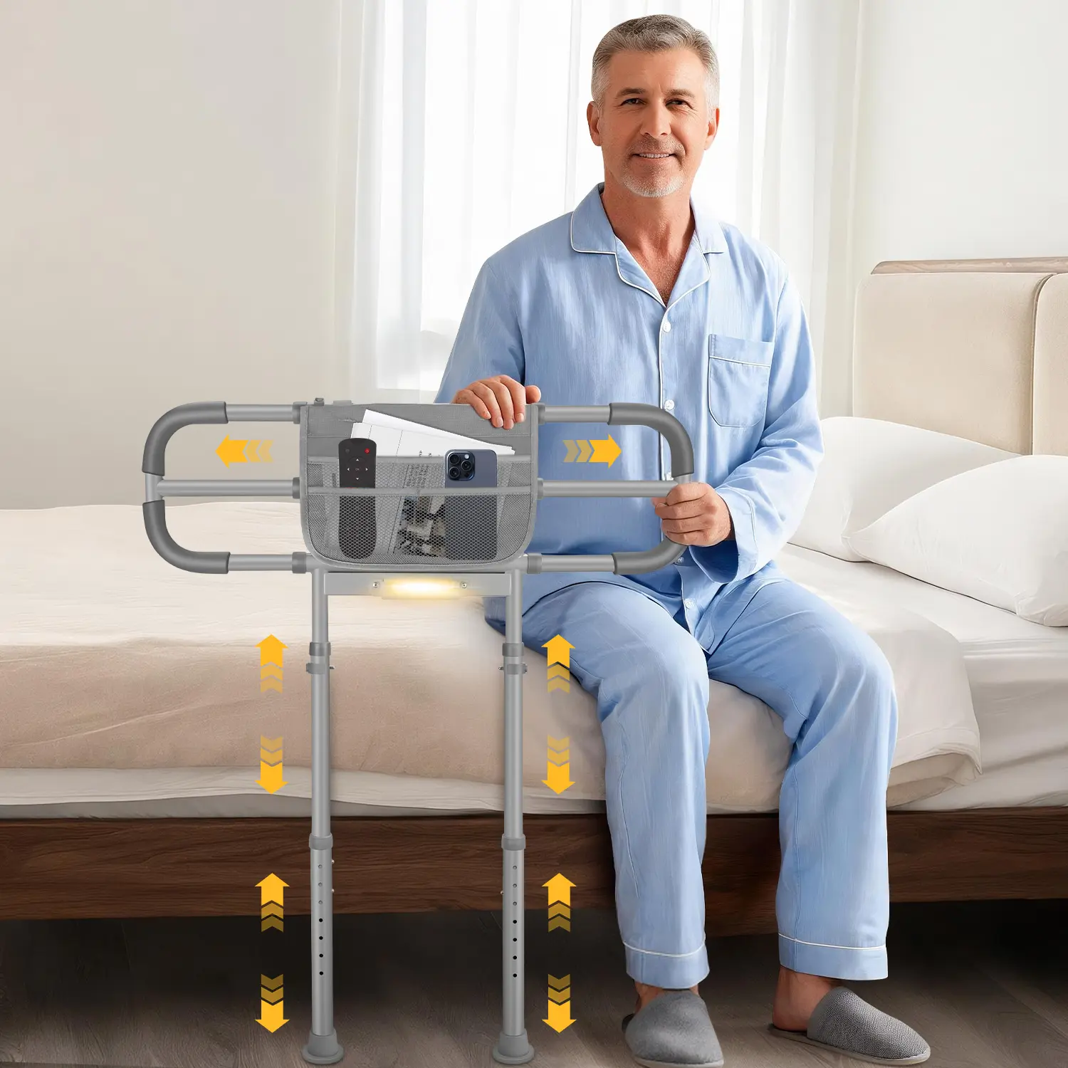 Adjustable Bed Rail for Elderly with LED Light | Sturdy steel rail fits 13"-19" frames, supports 400 lbs. LED light turns on at night. Easy install. Safe for elderly.