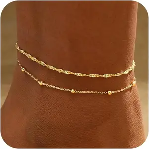 2PCS Gold Anklets for Women Waterproof Cuban Link Anklet Beaded Bracelets Stackable Bracelets 14K Gold Plated Custom Jewelry Gifts Non Tarnish Lightweight