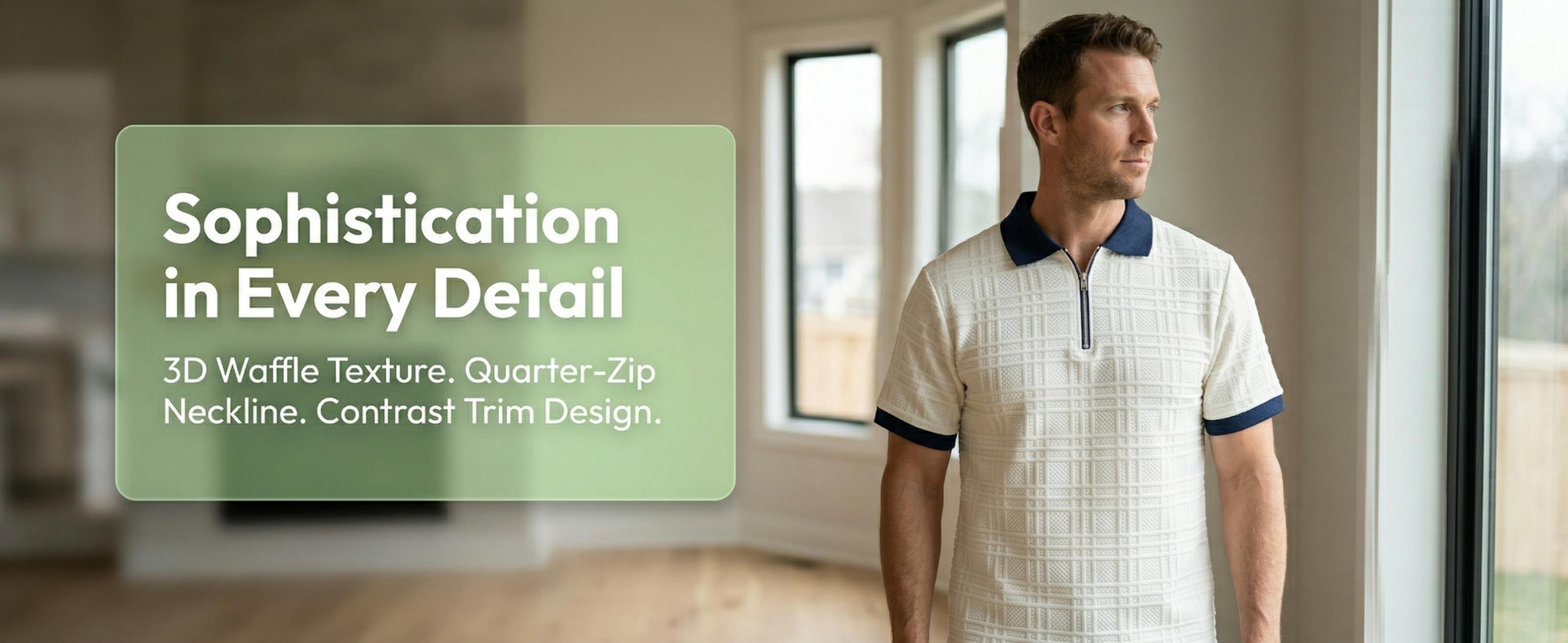 Mens Textured Half Zip Polo Shirt, Breathable Short Sleeve Golf Casual Tee for Men