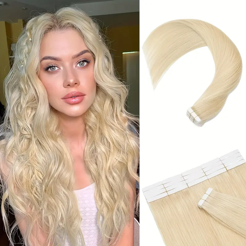 Hot Sell 20 40 60pcs/pack Straight Tape In Human Hair Extensions for Women Natural Soft 16.0inch-28.0inch Black, 4/27, Blonde(613 # ) Hair Suitable for All Peopl