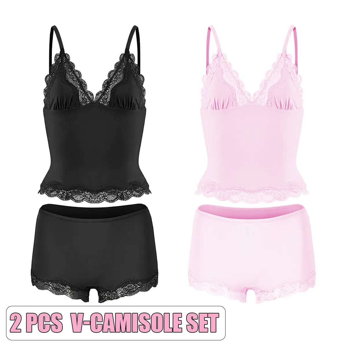 V-Camisole Set(Black/Pink)