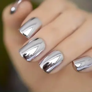 24pcs of Shiny Punk-Style Metallic Silver Press-On Fake Nails with a Reflective Mirror Finish.