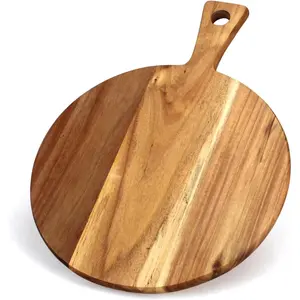 Premium Wood Cutting Board with Handle - Round Wooden Chopping Board for Kitchen Decor, Large Charcuterie Board Tray, Teak Meat Cheese Bread Serving Platter, Butcher Block Pizza Board