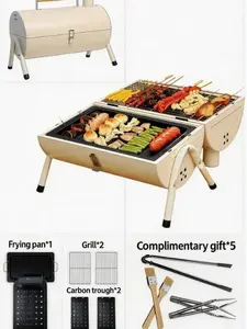 11-in-1 Double-sided Portable Charcoal Grill with Smoker Function，Spit Roast Shovel Fork Grill & Heat Resistant Clip，or Outdoor Cooking Backyard Camping Picnic Beach, Multi-Person  DualPurpose BBQ camp stove ，2 Carbon trough, 2 Baking Net,1 Baking Pan