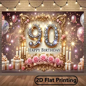 2D flat-banner-Luxurious 243.84x182.88cm Polyester Birthday Party Backdrop with Sparkling Rhinestones, Golden Accents & Balloon Design - Perfect for Indoor/Outdoor Celebrations, Photo Studio Props, and Elegant 90th Birthday Decorations Ornaments White