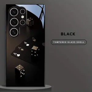 Phone Case: Premium Black Tempered Glass Phone Case with Poker and Dice Pattern for Samsung Galaxy S26 S25 S24 S23 S22Pro S21 S20 Fe Plus Ultra Pro A56 A55 A54 A53 A52 A51 A36 A35 A34 A32 A26 A25 A24 A23 A16 A15 A14 A06 A05 A03s