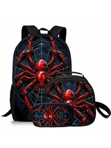 Red spider pattern printed 17-inch backpack for school three-piece set (single-layer backpack + shoulder strap round lunch bag + single-layer pencil bag)