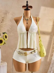 Women's Rhinestone Floral Tankini Set - Y2K Beach Vacation Swimwear & Tummy Control Bikini