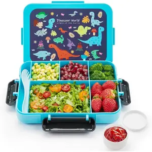 Bento Lunch Box for Kids, 5 Compartments Leakproof Bento Box with Tableware & Sauce Box, Microwave & Dishwasher & Freezer Safe, BPA Free, 40OZ(Blue)