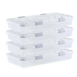 VEVOR 4-Pack Rectangle Plastic Household Under Bed Storage Bins with Wheels, 31.7x15.6x6.9in Containers with Lid & Gray Latch, Rolling Organizer for Clothes, Shoes