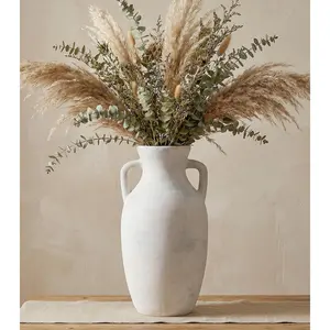Ceramic Flower Vase with Handles, Neutral Tall Clay Decorative Terracotta Vases Farmhouse Table Vases Living Room Decor Rustic Pottery Pots for Home Shelf Coffee Dining Desk (A-12 h-Antique Beige)