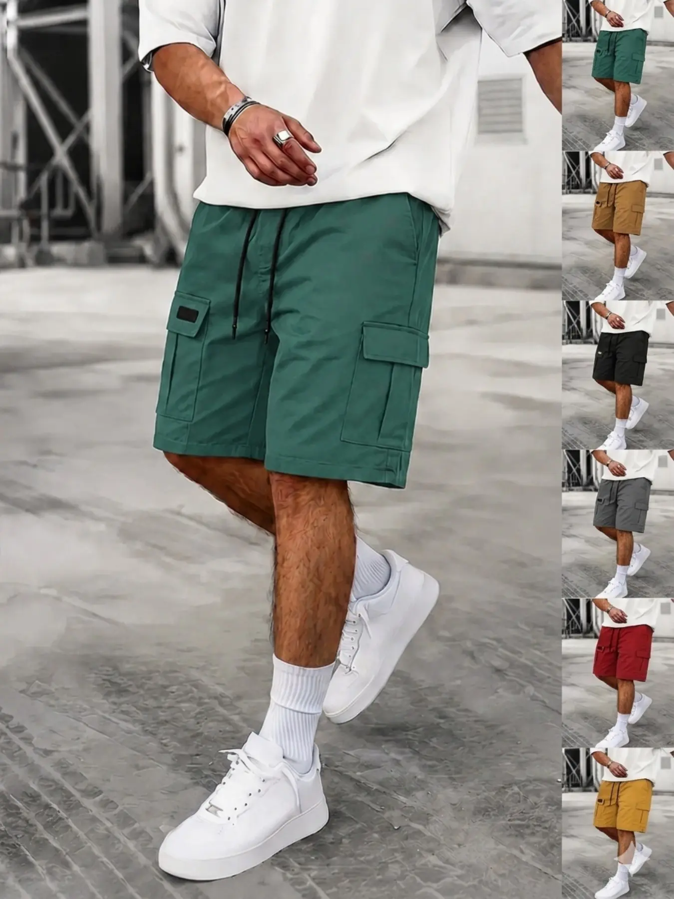 Men's Solid Cargo Shorts, Drawstring Casual Shorts, Relaxed Fit, Elastic Drawstring Multi-Pocket 5' Inseam, Breathable Woven Mid-Rise Straight Leg, Summer Daily Commute Outdoor Vacation, Essential for Man's Wardrobe