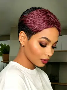 Short Tapered Cut Human Hair Wig, 6 Inch Honey Blonde Highlight Wig, Stylish Short Curly Wig for Women, Wavy Hairstyle